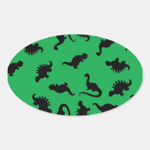 Sticker Ovale Dinosaur Silhouettes on Green Background