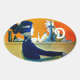 STICKER OVALE DIVA EN BLEU, MONOGRAMME DE MODE BEAUTÉ