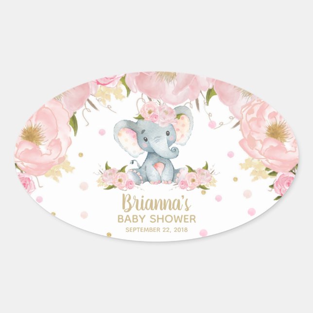 Sticker Ovale Douce Éléphant Fleurs Roses Baby Shower (Devant)