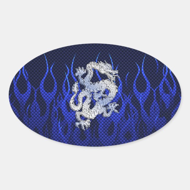 Sticker Ovale Dragon dans Chrome comme bleu Carbon Fiber Styles (Devant)