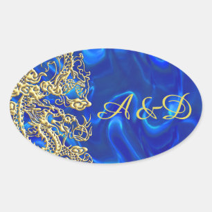 Sticker Ovale Dragon d'or embouti sur Blue Satin