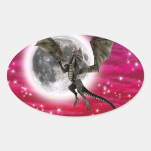 Sticker Ovale Dragon Noir - Créature Fantastique Mythique Ciel R