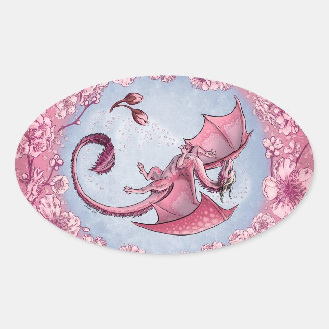 Sticker Ovale Dragon rose du printemps Nature Imaginaire Art (Devant)