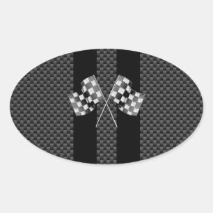 Sticker Ovale Drapeaux de course sur bandes noires Style fibre d