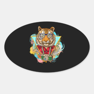 Sticker Ovale Drôle Tiger Hipster Photographe Cadeau