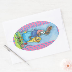 STICKER OVALE EASTER BUNNY ÉQUITATION CUTE POULET EN OEUF BLEU,