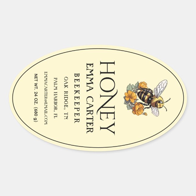 Sticker Ovale Editable Ivory 24 oz Queenline Honey Label (Devant)