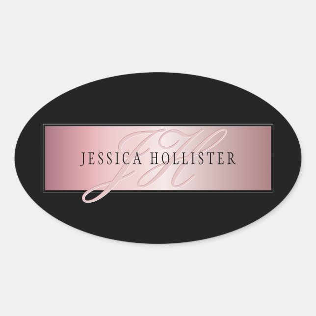 Sticker Ovale Elégant Blush Faux Rose Gold | Nom et initiales (Devant)