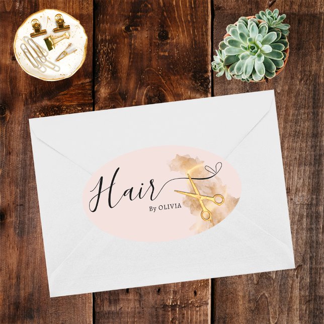 Sticker Ovale Elégant coiffeur Gold ciseau Beauté Salon rose (Créateur téléchargé)