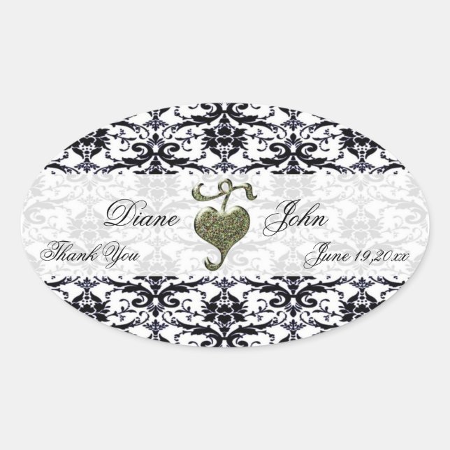 Sticker Ovale Élégant Merci Mariage damassé (Devant)