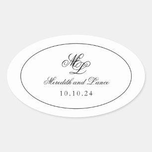 Sticker Ovale Élégant Monogramme noir et blanc Script