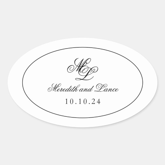 Sticker Ovale Élégant Monogramme noir et blanc Script (Devant)