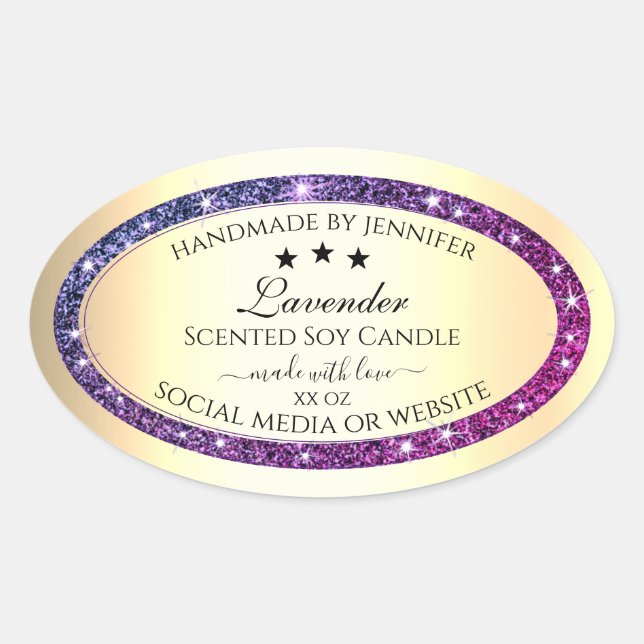 Sticker Ovale Elégant or avec Parties scintillant violette Étiqu (Devant)