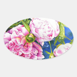 Sticker Ovale Elégant rose blanc classique aquarelle floral