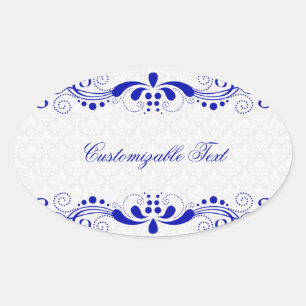 Sticker Ovale Elégant Royal Blue Floral Lave & White Damask