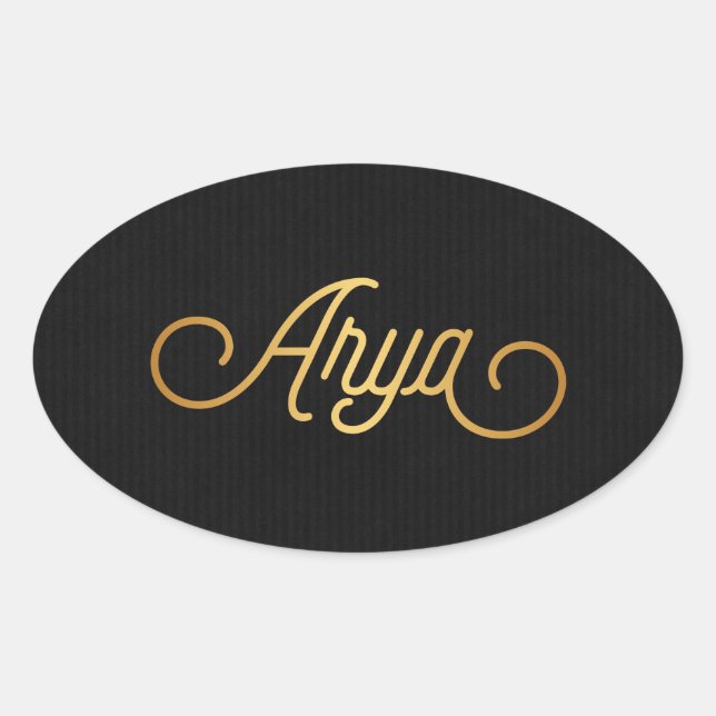 Sticker Ovale Élégant script personnalisé Arya Gold Noir (Devant)