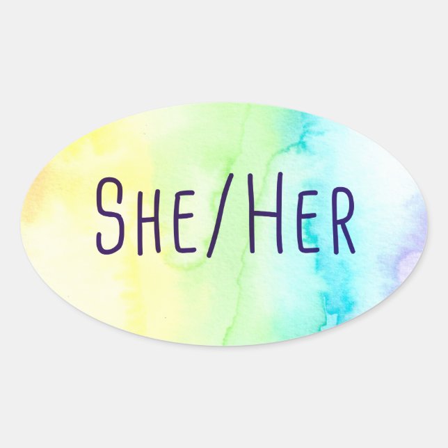 Sticker Ovale Elle Ses Pronouns (Aquarelle arc-en-ciel) (Devant)