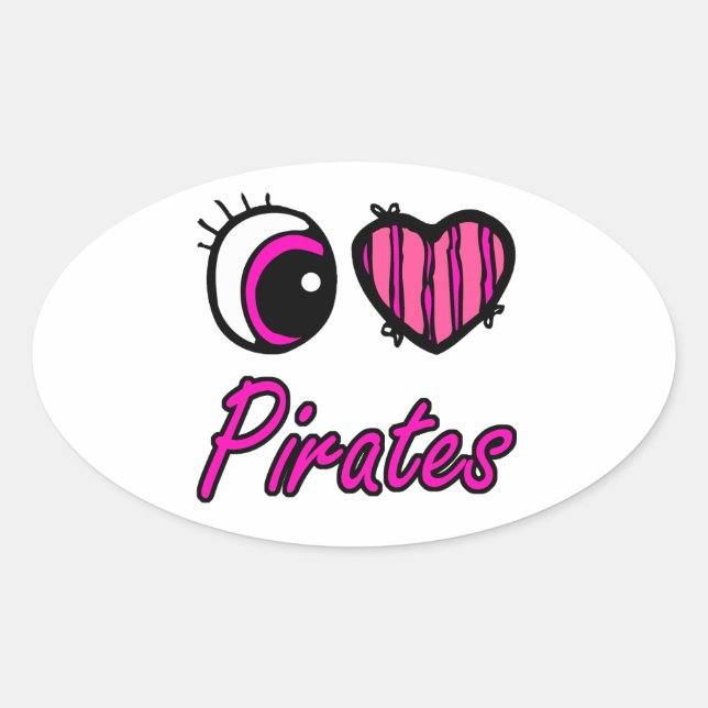 Sticker Ovale Emo Coeur des yeux J'aime Pirates (Devant)
