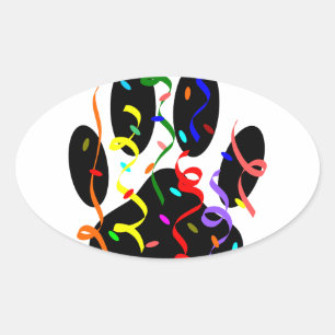 Sticker Ovale Empreinte de patte De Chien Avec Confetti Et Strea