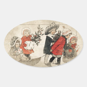 Sticker Ovale Enfants vintages Motoneige & Arbre