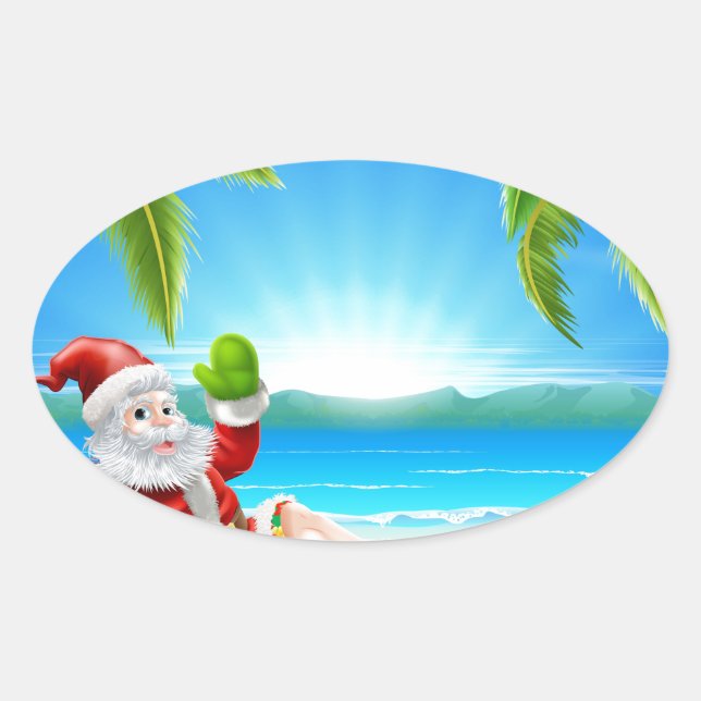 Sticker Ovale Été Noël Père Noël Beach Scène (Devant)