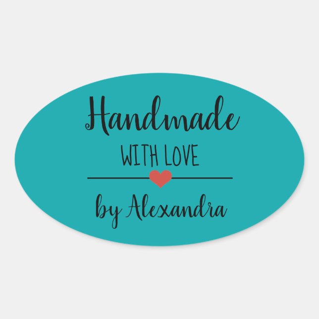Sticker Ovale Faite à la main avec amour turquoise moderne (Devant)
