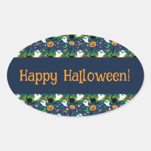 Sticker Ovale Fantômes et citrouilles, bleu avec motif vert