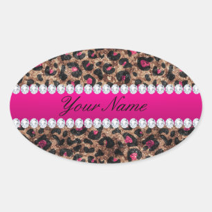 Sticker Ovale Faux Leopard Rose rose chaud huile et diamants
