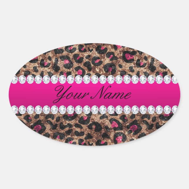 Sticker Ovale Faux Leopard Rose rose chaud huile et diamants (Devant)
