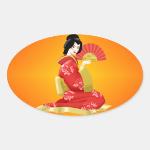 Sticker Ovale Femme japonaise magnifique en robe rouge
