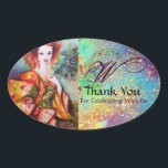 STICKER OVALE FEMME ROMANTIQUE AVEC PÂTE DE PEACOCK ÉCLANTE<br><div class="desc">Monogramme Merci.Peinture contemporaine originale aquarelle avec feuille dorée et couleurs irisées en vert clair, jaune orange, turquoise, turquase, blanc.Elégante, belle femme brune sophistiquée, rouge, vert brillant d'or tissus d'un costume baroque avec plumes paon.Peinture de Bulgan Lumini (c).Cette carte cool et artistique est parfaite pour les mariages, douches nuptiquées, sucrées, 6,...</div>