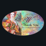 STICKER OVALE FEMME ROMANTIQUE AVEC PÂTE DE PEACOCK ÉCLANTE<br><div class="desc">Monogramme Merci.Peinture contemporaine originale aquarelle avec feuille dorée et couleurs irisées en vert clair, jaune orange, turquoise, turquase, blanc.Elégante, belle femme brune sophistiquée, rouge, vert brillant d'or tissus d'un costume baroque avec plumes paon.Peinture de Bulgan Lumini (c).Cette carte cool et artistique est parfaite pour les mariages, douches nuptiquées, sucrées, 6,...</div>