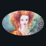 STICKER OVALE FEMME ROMANTIQUE AVEC PÂTE DE PEACOCK ÉCLANTE<br><div class="desc">Peinture contemporaine originale aquarelle avec feuille d'or et couleurs irisées en vert clair, orange jaune, turquoise, turquase, blanc.Elégante, belle femme brune sophistiquée, rouge, vert brillant d'or tissus d'un costume baroque avec plumes paon.Peinture de Bulgan Lumini (c).Cette carte cool et artistique est parfaite pour les mariages, douches nuptiales, 16, fêtes d'anniversaire...</div>
