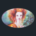 STICKER OVALE FEMME ROMANTIQUE AVEC PÂTE DE PEACOCK ÉCLANTE<br><div class="desc">Peinture contemporaine originale aquarelle avec feuille d'or et couleurs irisées en vert clair, orange jaune, turquoise, turquase, blanc.Elégante, belle femme brune sophistiquée, rouge, vert brillant d'or tissus d'un costume baroque avec plumes paon.Peinture de Bulgan Lumini (c).Cette carte cool et artistique est parfaite pour les mariages, douches nuptiales, 16, fêtes d'anniversaire...</div>