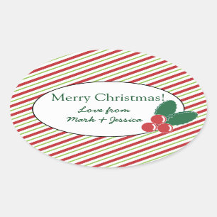 Sticker Ovale Festive Stripes et Holly