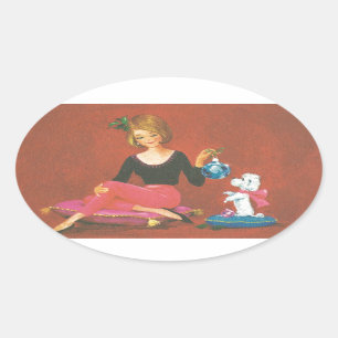 Sticker Ovale Fille de Noël Vintage au canard français
