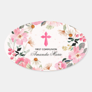 Sticker Ovale Fille première communion aquarelle rose floral