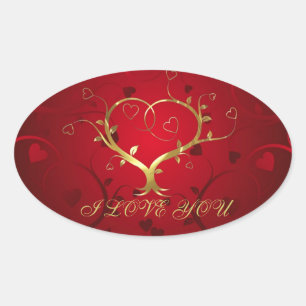 Sticker Ovale Fille Rouge & Or Coeur Abstrait Et Fleurs Florales