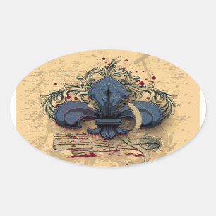 Sticker Ovale Fleur de lis vintages effets de grunge en métal bl
