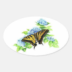 Sticker Ovale Fleur d'hydrangée de papillon Swallowtail