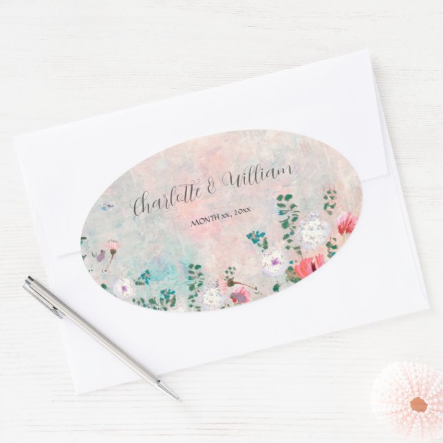 Sticker Ovale Fleur sauvage Jardin Aquarelle Mariage rose pâle (Enveloppe)