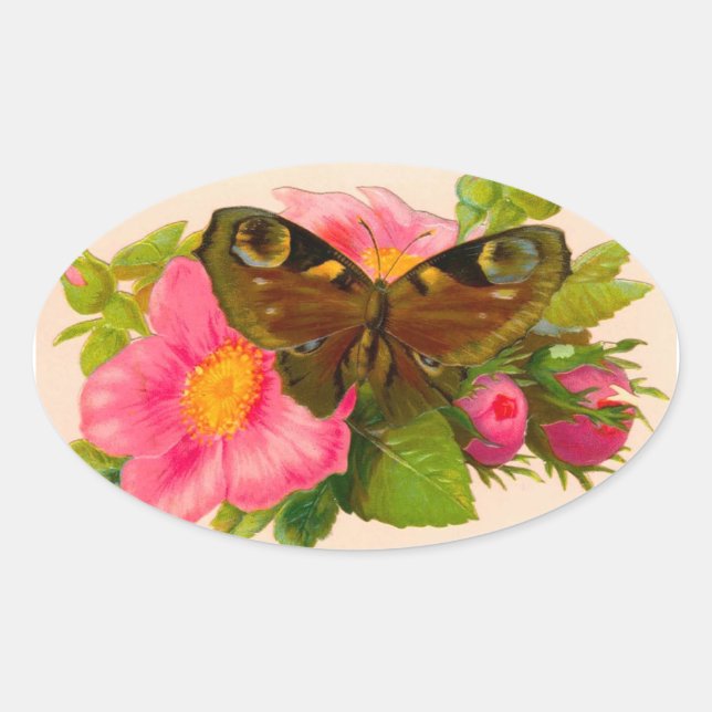 Sticker Ovale Fleur vintage et papillon (Devant)