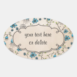 Sticker Ovale fleurs bleues blanches sur beige