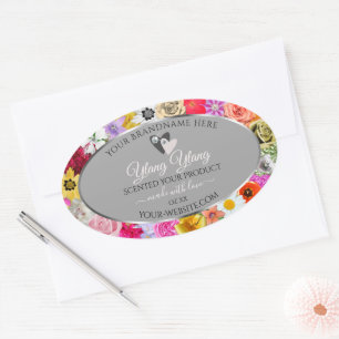Sticker Ovale Fleurs colorées Cadre gris produit Coeurs Étiquett