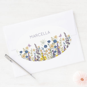 Sticker Ovale Fleurs colorées et papillons Nom personnalisé