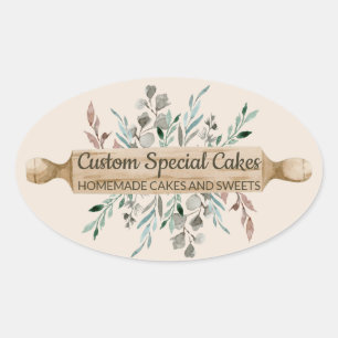 Sticker Ovale Fleurs de boulangerie rouleau à pâtisserie rose ru