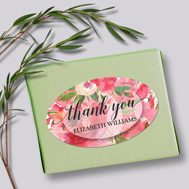 Sticker Ovale Fleurs de Pivoine Merci (3" round stickers with your name and Thank You on pink and cream peony flowers)