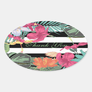 Sticker Ovale Fleurs Floral Tropical Feuilles Rayures Noires et 