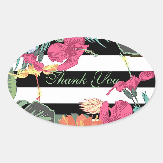 Sticker Ovale Fleurs florales tropicales Feuilles Blancs noirs (Devant)