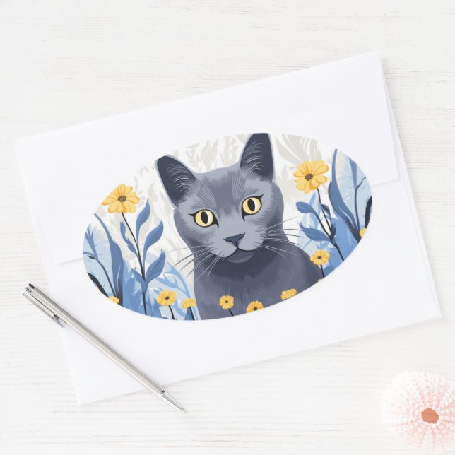 Sticker Ovale Fleurs Jaunes Chat Bleu Russe (Enveloppe)